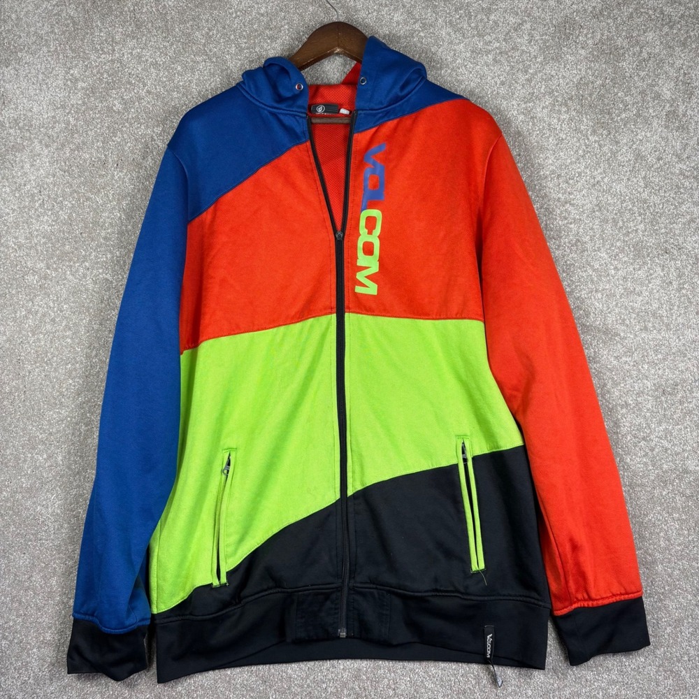 Volcom Mens Colorblock Full Zip Hoodie Red Green Blue XL